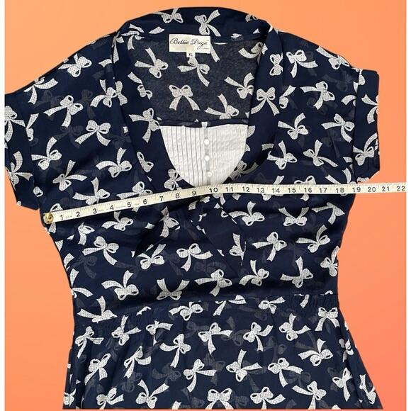 Bettie Page Las Vegas XL 10 Navy Blue & White Bow 40s Style Day Dress - Picture 6 of 13